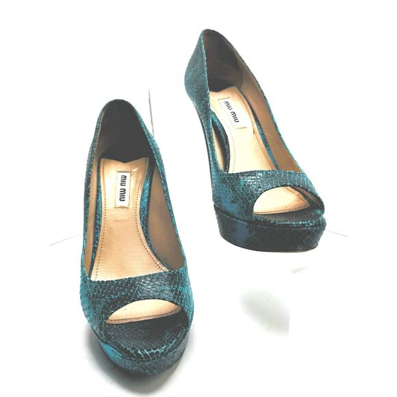 Miu Miu Teal Snakeskin Embossed Leather Peep Toe pump size 37 - Picture 4 of 11